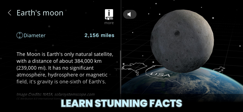 Univerzoom 3D - Explore Scale - Univerzoom 3D app interface showing Earth's moon facts and a size comparison relative to the USA