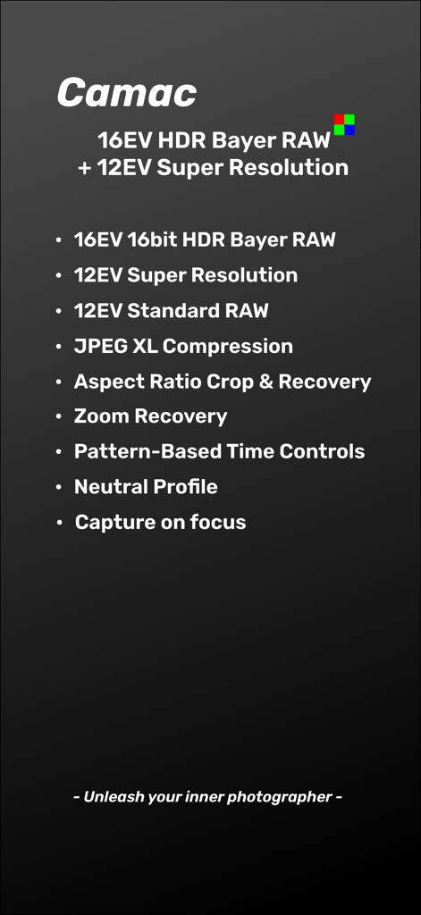 Camac - Elenco delle funzionalità dell'app Camac che include specifiche tecniche per HDR Bayer RAW e Super Resolution