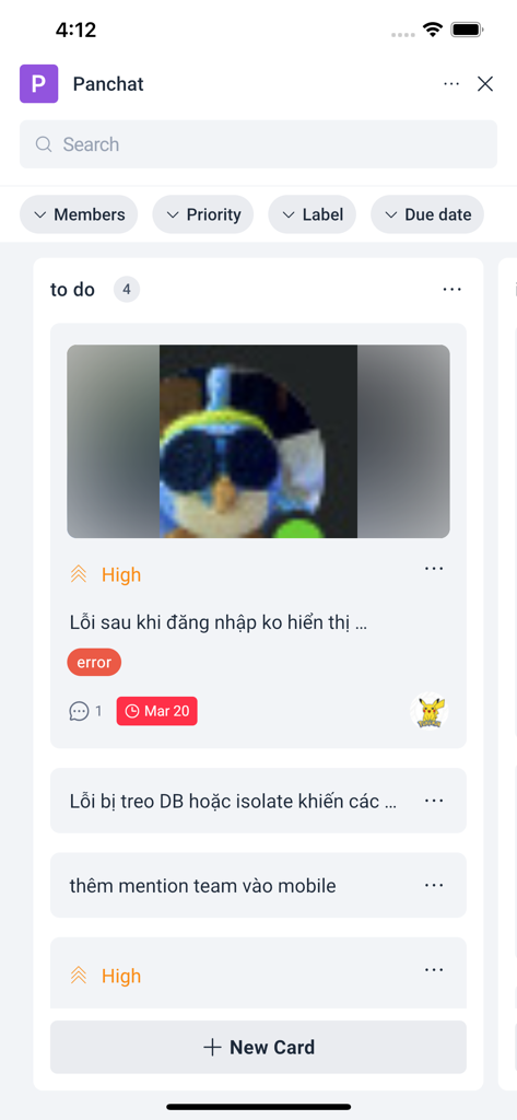 Pancake Work - A mobile interface of the Pancake Work app showing a Kanban style task board with prioritized work cards and labels