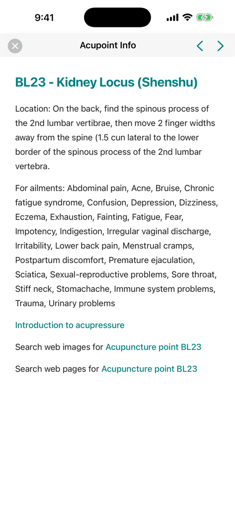 Massage Map 3D - Acupoint information screen for BL23 Kidney Locus showing location details and treated ailments