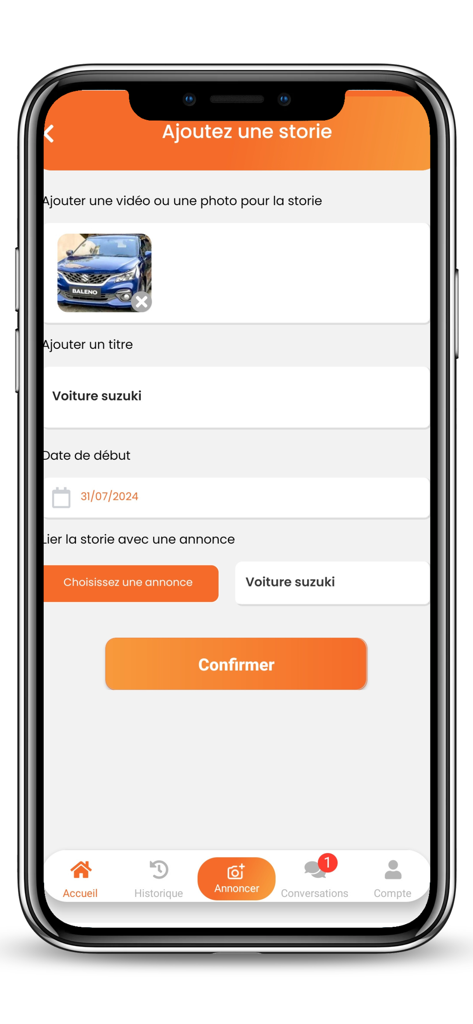 Interface móvel para criar uma história para um anúncio de carro no Cava.tn
