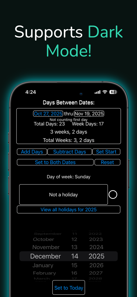 Between Dates Calendar Math - Screenshot dell'app Between Dates Calendar Math con modalità scura e calcolo della differenza date