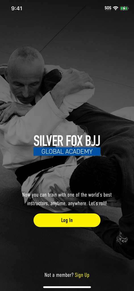 Silver Fox BJJ Global Academy app login screen featuring a black and white image of practitioners grappling
