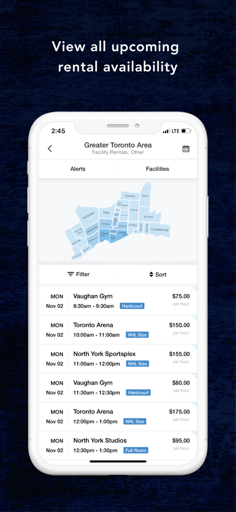 CatchCorner by SI - CatchCorner by SI app interface displaying a map and a list of available sports facility rentals with hourly rates in Toronto