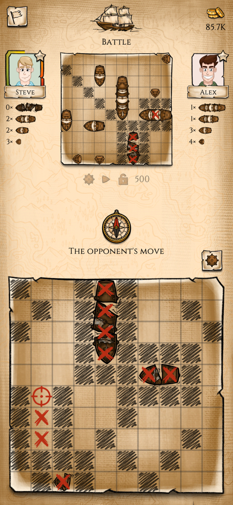 Gameplay screen of Sea Battle Online Game showing a pirate-themed battleship board with hits and misses during a match.