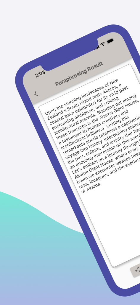 AI Writing Detector - ScanAI - Un écran de smartphone affichant le résultat de paraphrase d'un texte analysé dans l'application ScanAI