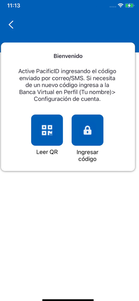PacificID welcome screen for activating the mobile token via QR code or manual entry.