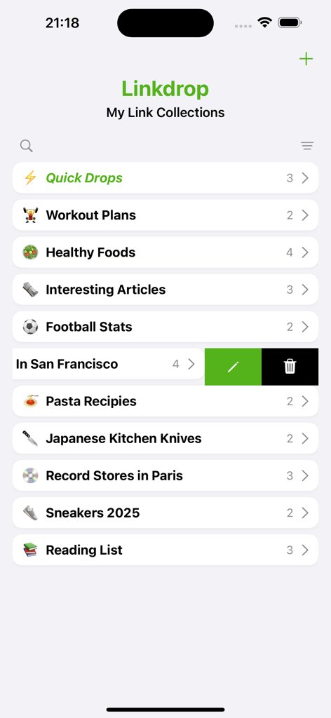The Linkdrop app main screen showing categorized link collections like workout plans and healthy foods with a swipe to edit action.