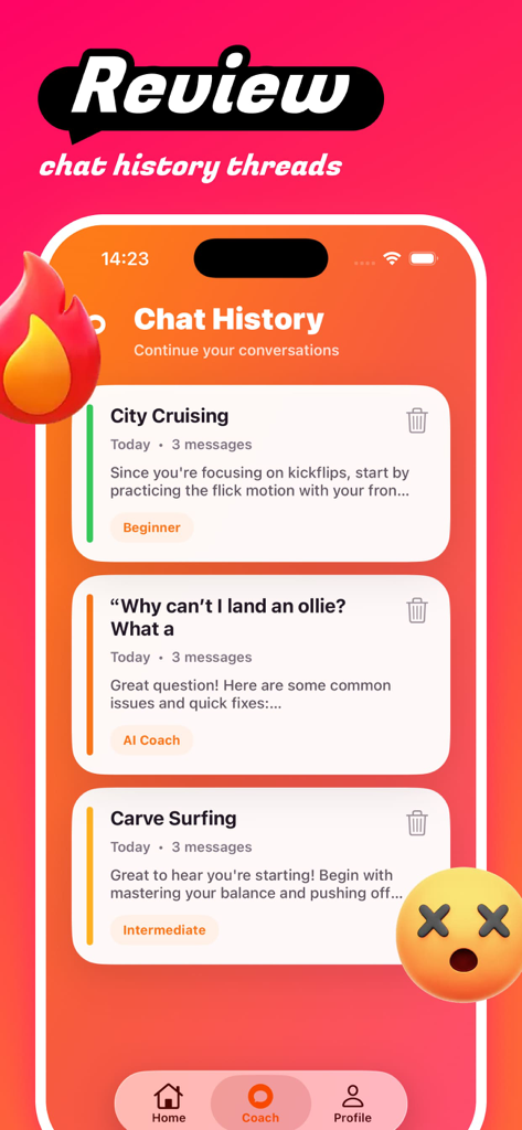 Fervid - Chat & Fun - A mobile screen showing the chat history of the Fervid app with various skateboarding coaching threads.