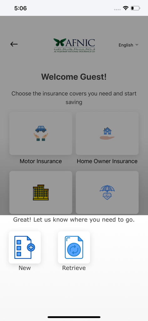 AFNIC App - AFNIC app welcome screen showing motor and home insurance options