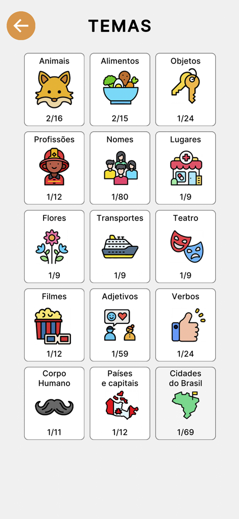 Caça-Palavras Silábico - Uma seleção de temas de caça-palavras em português com ícones ilustrativos coloridos