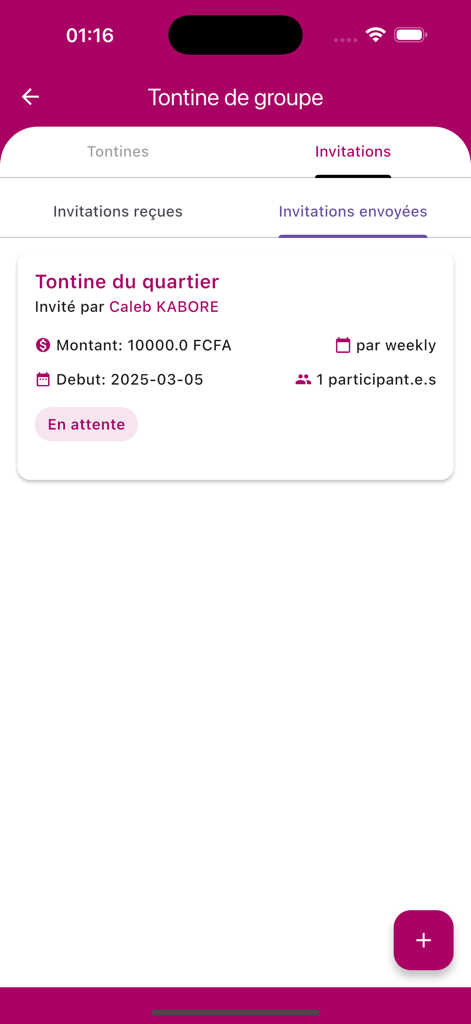 Tenbo - Interface of Tenbo app showing the group tontine invitations screen with a pending contribution request.