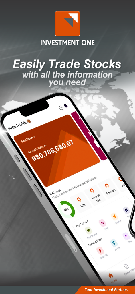 Investment One - Smartphone exibindo o painel do aplicativo Investment One para negociação de ações e gerenciamento de portfólios de investimento nigerianos.