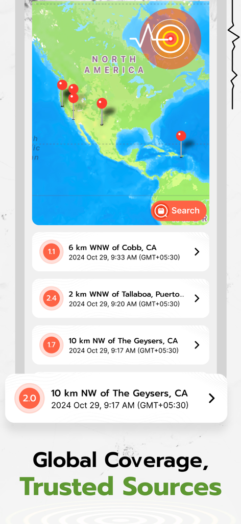 Track Earthquake: Map & Alerts - Mapa de terremotos en vivo de América del Norte con una lista de eventos sísmicos recientes y magnitudes.