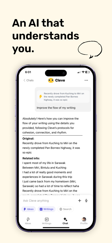 Cleve app chat interface where AI improves user writing flow