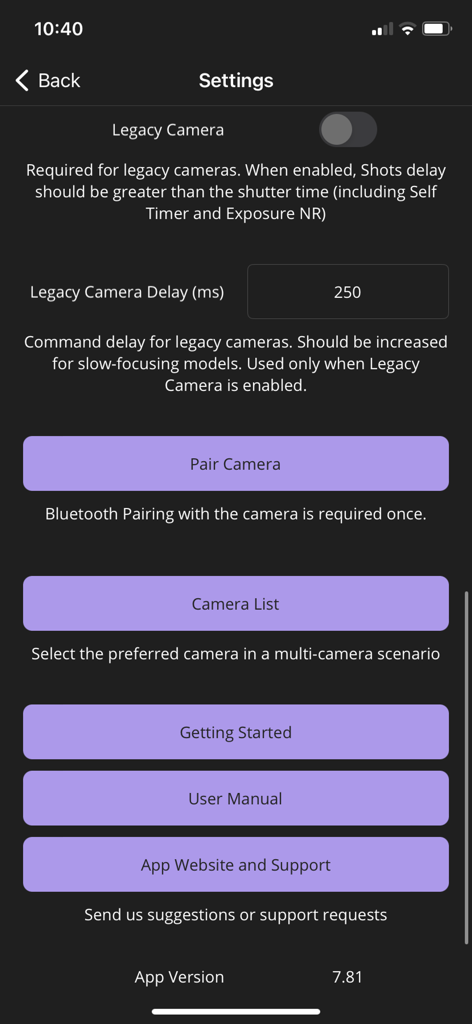 Alpha Focus Bracketing - Settings screen of the Alpha Focus Bracketing app featuring camera pairing options and legacy camera support configuration