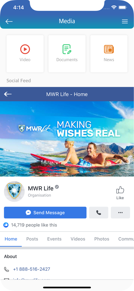 MWR Life app interface featuring media resources and an integrated social business feed