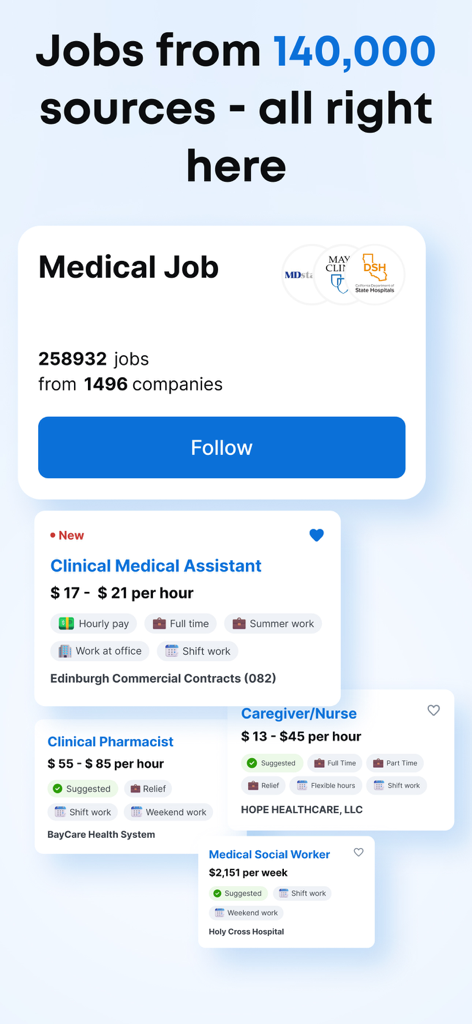 Pantalla de la aplicación Jooble que muestra más de 250.000 ofertas de empleo médico con detalles salariales y varias categorías de trabajo.