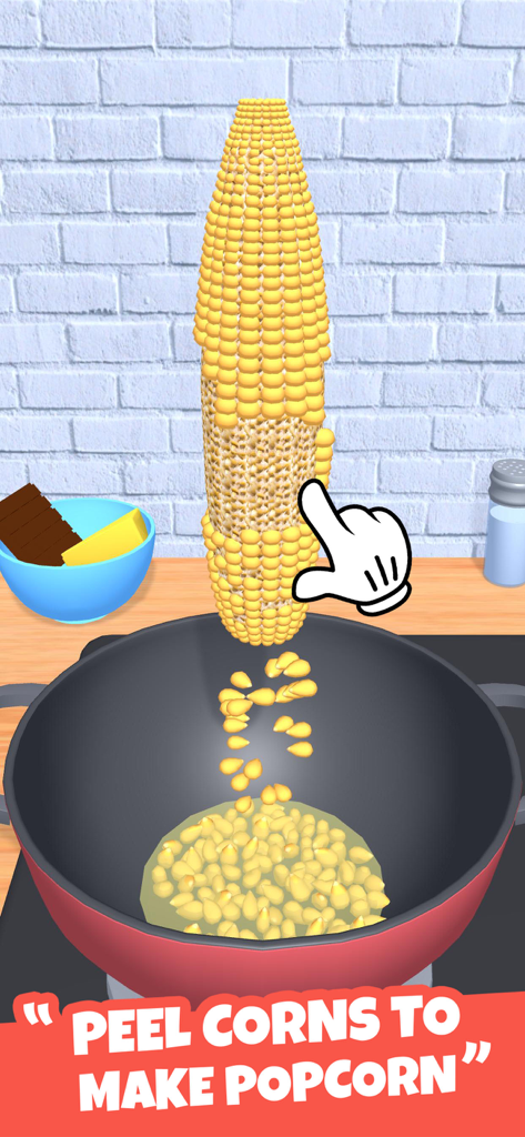 Perfect Popcorn: Food Games - Una mano che sbuccia chicchi di mais gialli da una pannocchia in una padella rossa