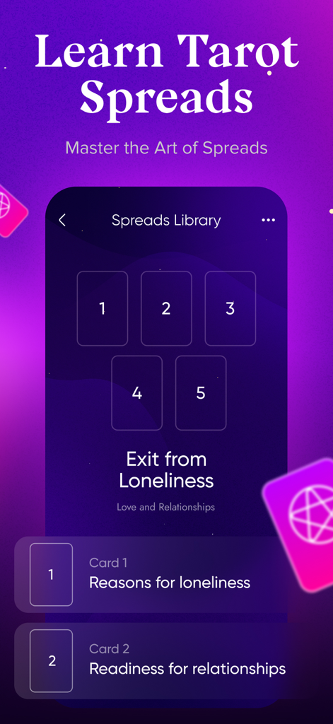 Lumi: AI Tarot & Horoscope - Lumi AI Tarot app screen demonstrating the tarot spreads library with a five card layout for love and relationships