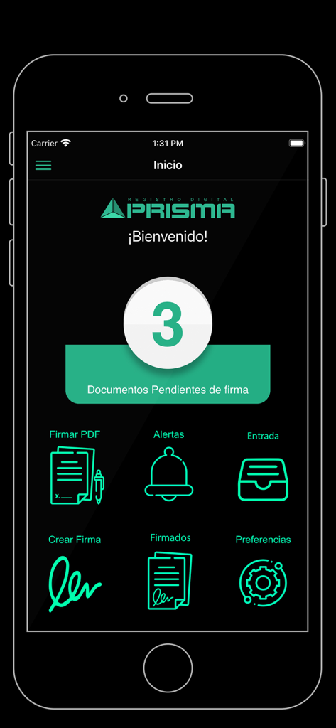 Prisma Sign - Prisma Sign app dashboard showing pending documents and menu options like Sign PDF and Create Signature.