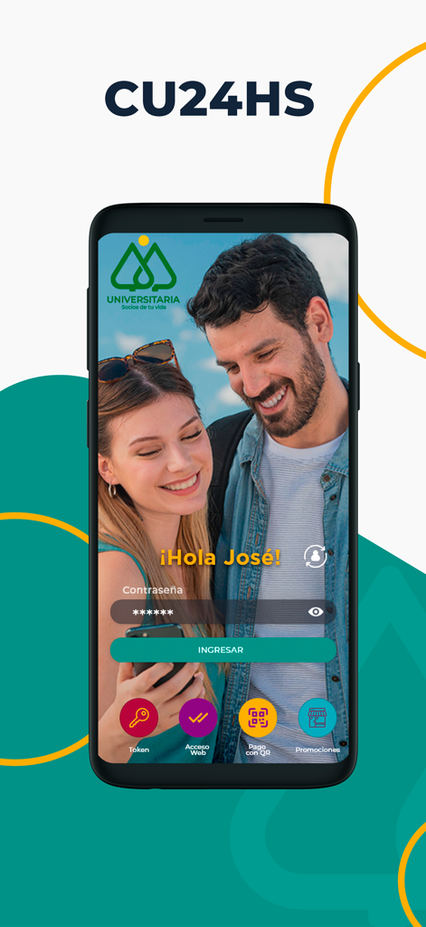 universitaria - Interfaz de inicio de sesión de la aplicación bancaria móvil Universitaria con una pareja de fondo