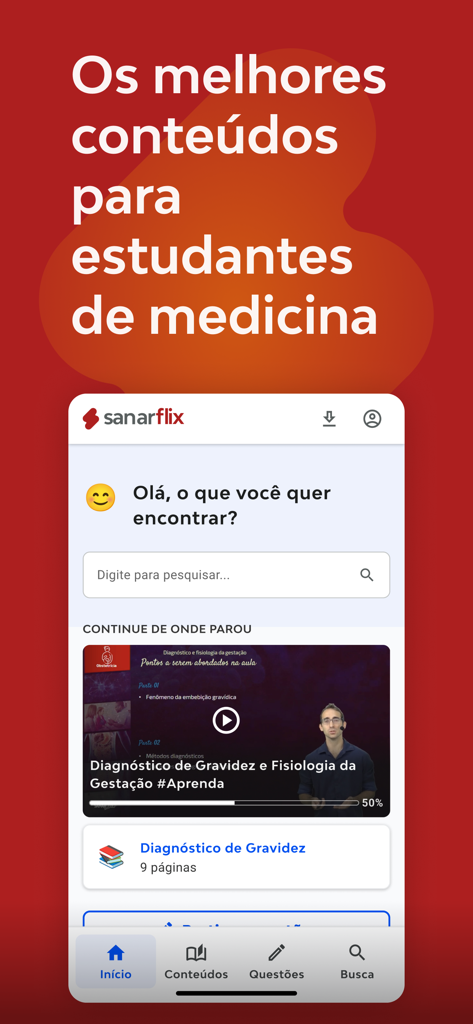Interface of the SanarFlix medical study app showing the home screen with a search bar and a video lecture on pregnancy diagnosis