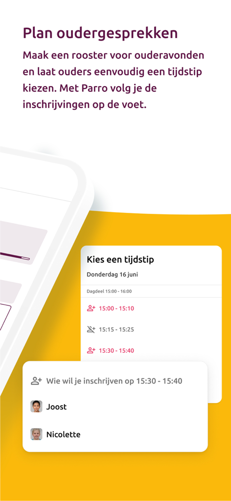 Parro - Oberfläche der Parro-App mit einem Planer für Eltern-Lehrer-Gespräche mit Zeitfenstern