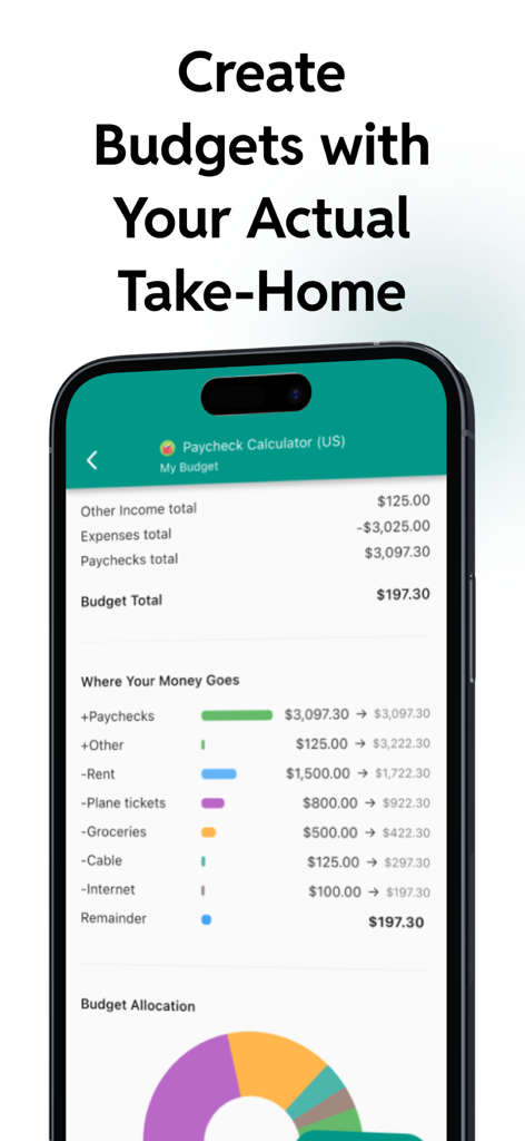 App interface for creating budgets using actual take home pay with expense breakdown