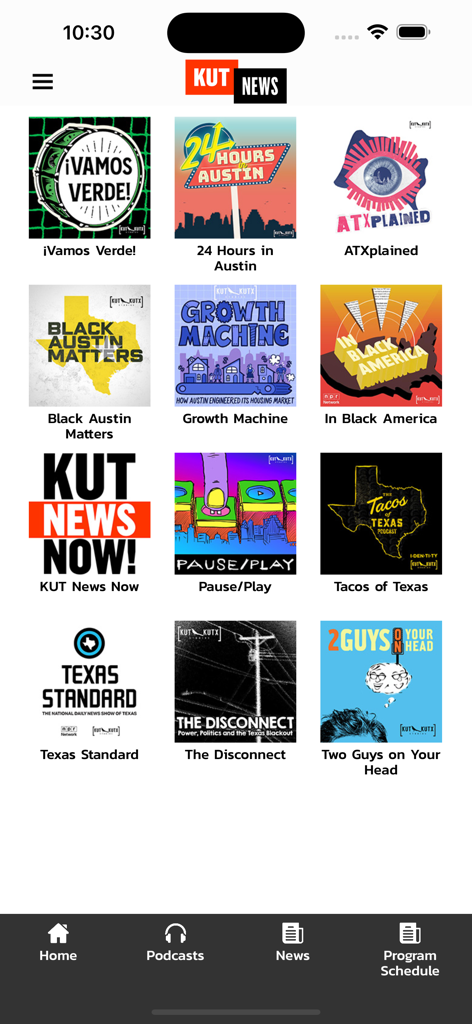 KUT News 90.5 - A list of local Austin podcast thumbnails in the KUT News mobile app