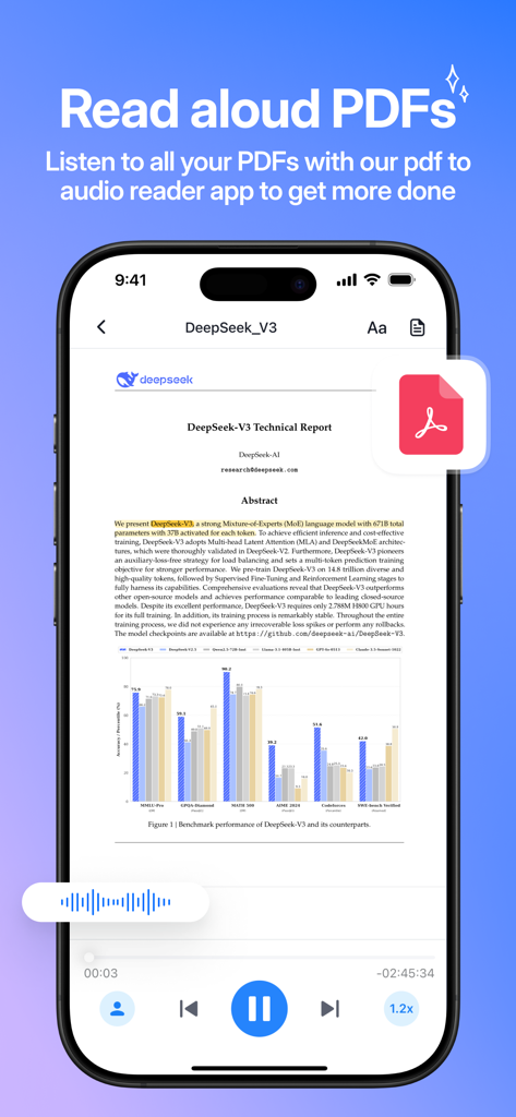 Audeus app interface showing a PDF document being read aloud with text highlighting and playback controls