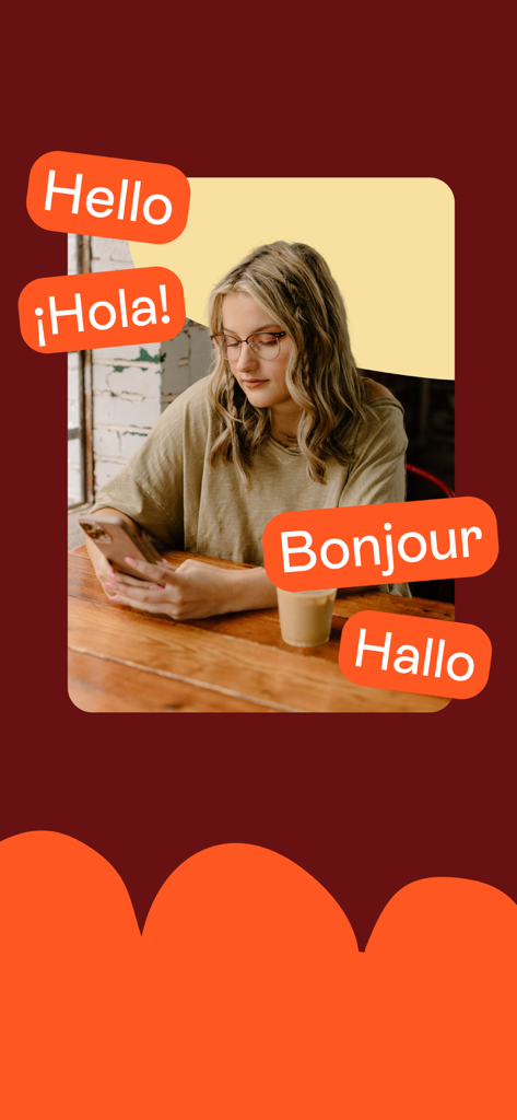 Uma jovem usando o aplicativo Hey Clary com balões de saudação em inglês, espanhol, francês e alemão