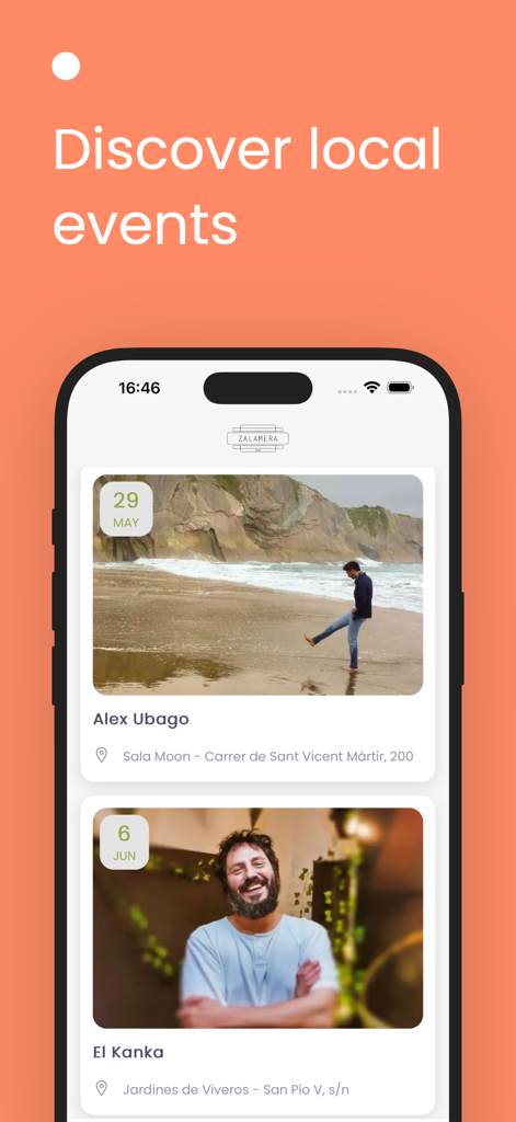 A mobile app interface displaying a list of local events with dates and locations under the title Discover local events.