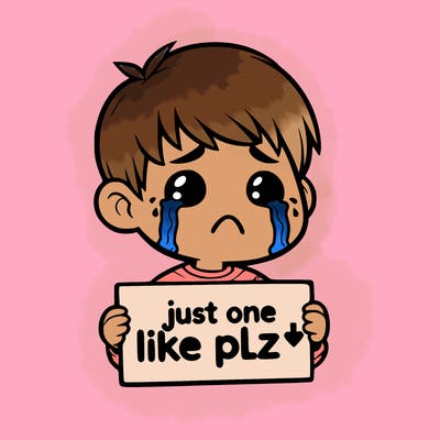 realistic crying boy with a sign saying just one like plz