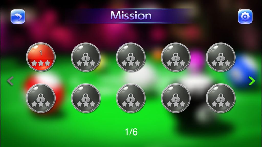 Level selection screen in 8 Ball Star showing a grid of locked and unlocked missions on a pool table background