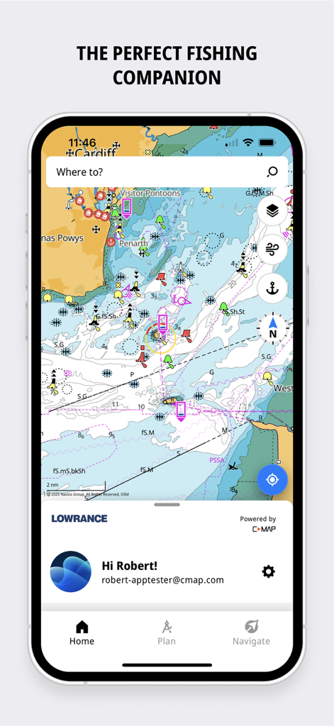 Lowrance app interface displaying a detailed nautical chart with fishing waypoints and navigation tools
