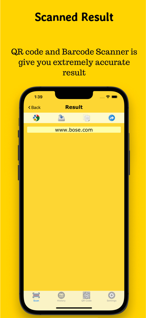 QR-Code Scan - A mobile app interface displaying the website URL result after scanning a QR code on an iPhone.