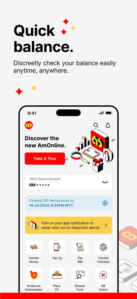 AmOnline mobile banking app interface highlighting the Quick Balance feature for discreet account viewing.