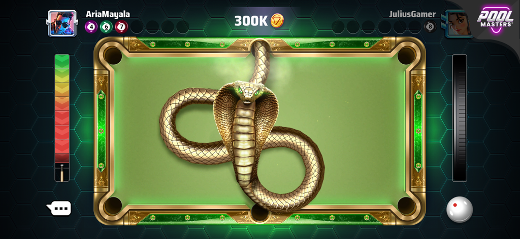 A high stakes competitive 8 ball pool match on an exclusive cobra themed table in the Pool Masters game