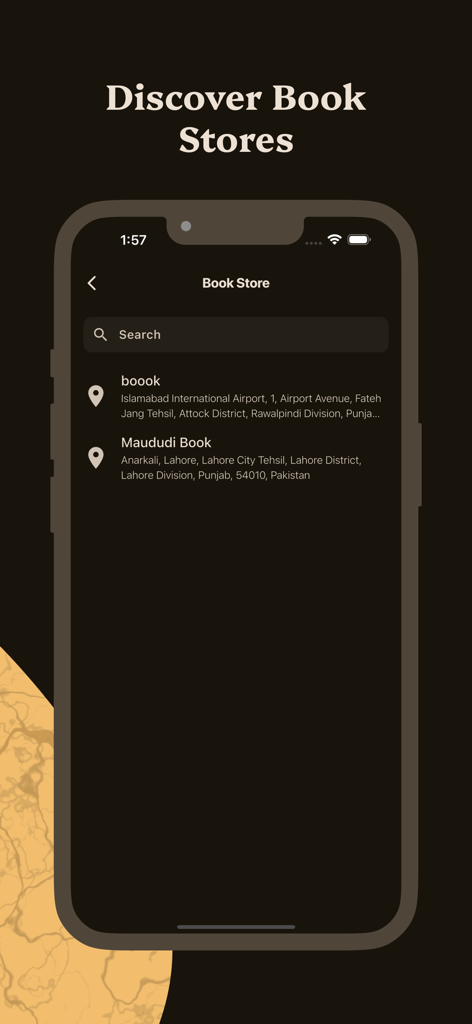Read Maududi - Screenshot of the Read Maududi app interface for discovering local book stores.
