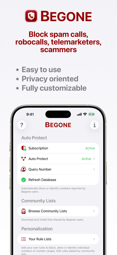 Begone: Spam Call Blocker - Begone app interface highlighting auto protect community lists and personalization options for blocking spam calls