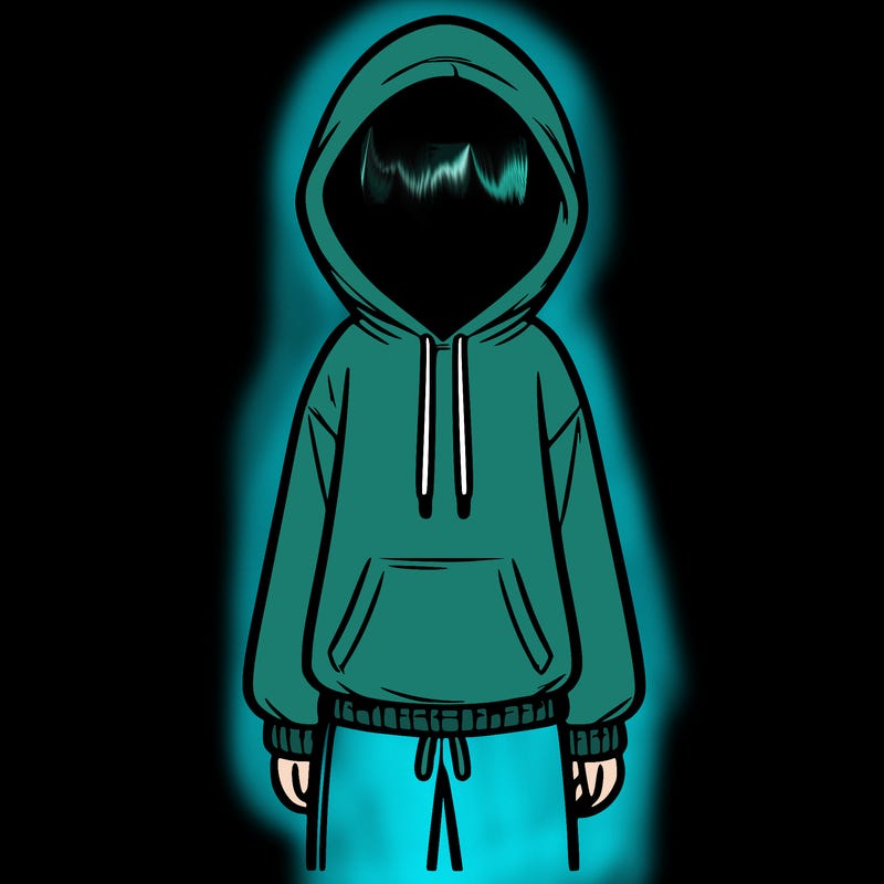 faceless girl in a tracksuit with a hood on and no hair