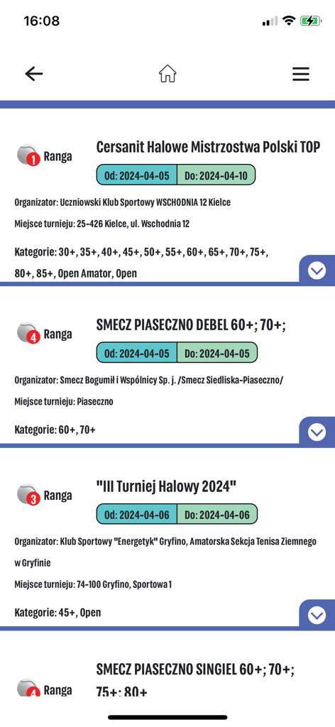 PZT - A list of tennis tournaments and event details in the official Polish Tennis Association mobile app