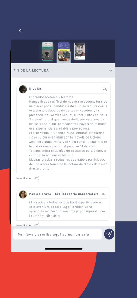 Clubes virtuales IC (oficial) - Moderated discussion thread in the Clubes Virtuales IC mobile app showing reader and moderator comments about a book.
