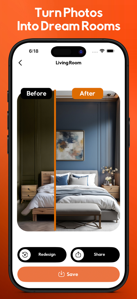 Home Style AI: Interior Design - Vorher-Nachher-geteilter Bildschirm, der eine Schlafzimmer-Innengestaltung mit Home Style AI zeigt