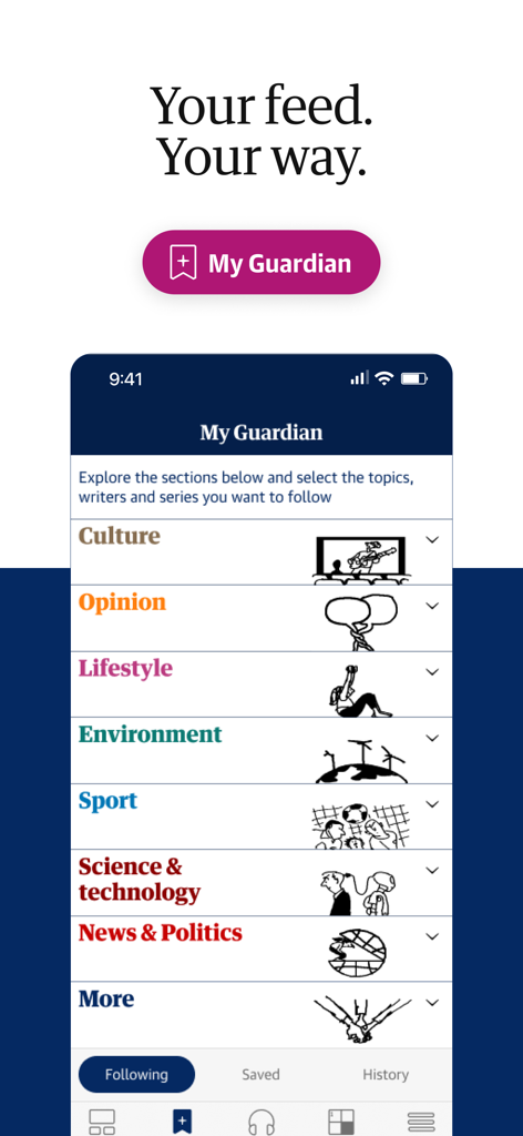 The Guardian - US & World News - Screenshot of the My Guardian feature showing personalized news categories like Culture Opinion and Lifestyle.