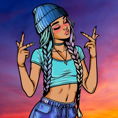 realistic teenage girl with braids and a beanie and crop top doing 🫶🏼