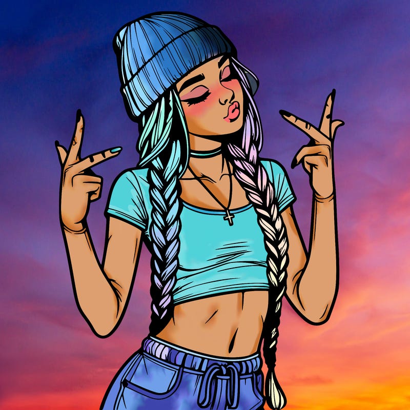 realistic teenage girl with braids and a beanie and crop top doing 🫶🏼