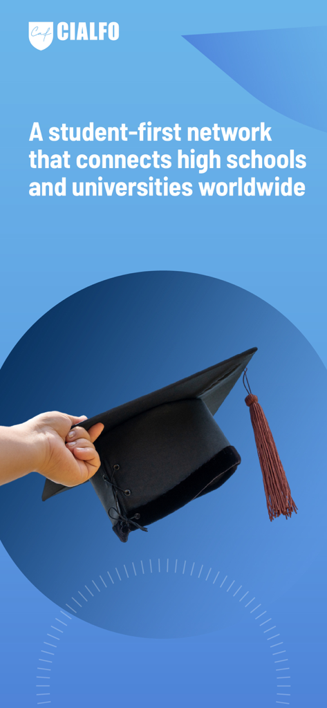 Cialfo - Écran promotionnel de l'application Cialfo montrant un chapeau de diplômé et un message sur le réseau universitaire