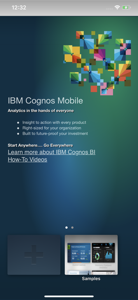 IBM Cognos Analytics Reports - 비즈니스 분석 하이라이트와 샘플 대시보드 썸네일을 특징으로 하는 IBM Cognos Mobile 앱의 스플래시 화면.